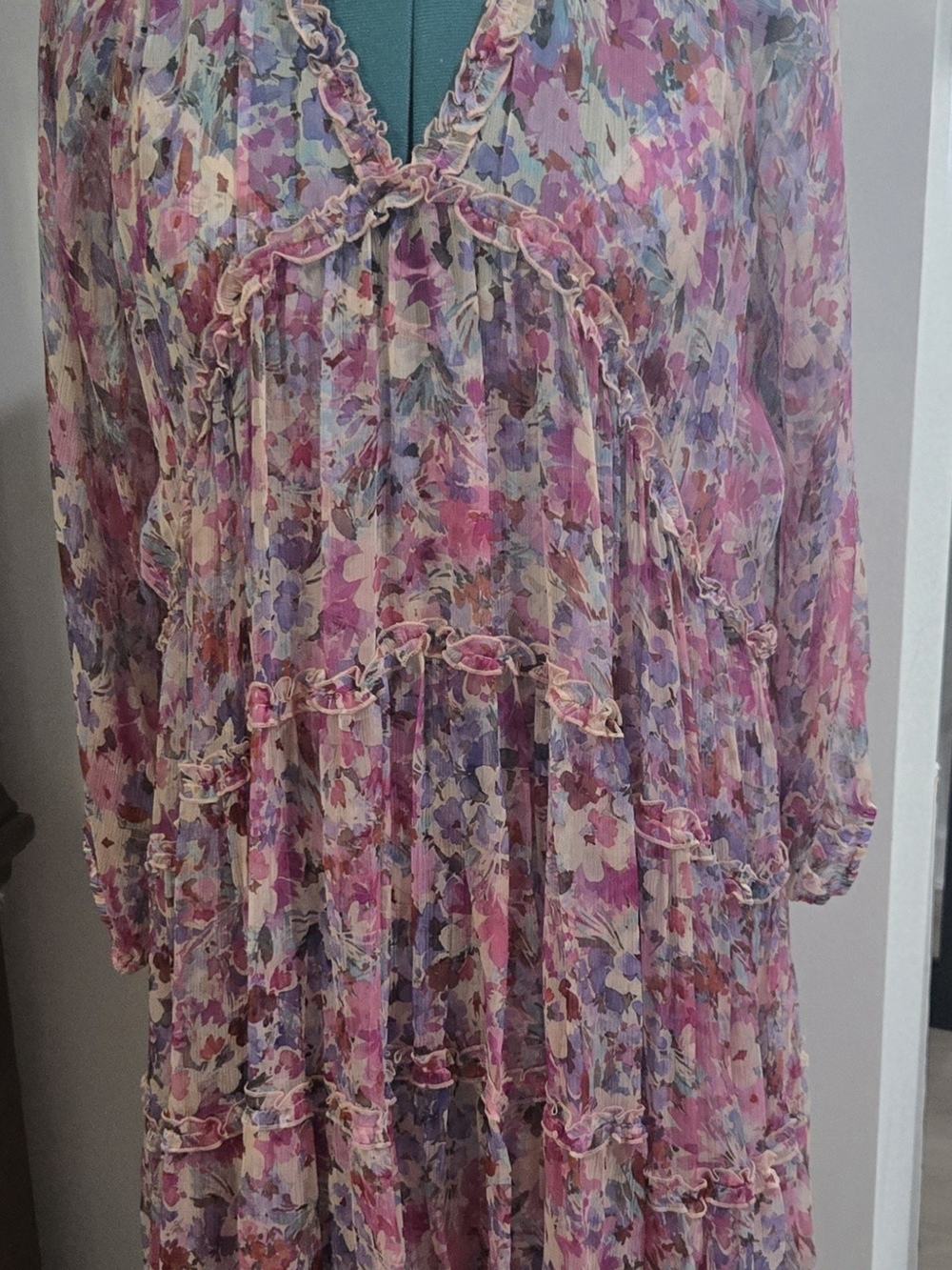 Jade By Johnny Was Floral Ruffled Silk Chiffon Skylar Mini Dress, Size Large.